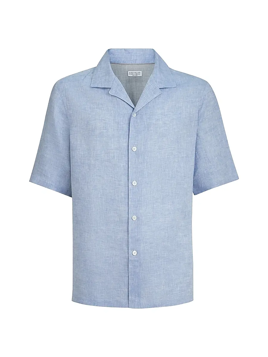Brunello Cucinelli Men's Linen Easy Fit Short Sleeve Shirt with Camp Collar - Grey | Thumbnail 13 Brunello Cucinelli Men's Linen Easy Fit Short Sleeve Shirt with Camp Collar - Grey | Thumbnail 13