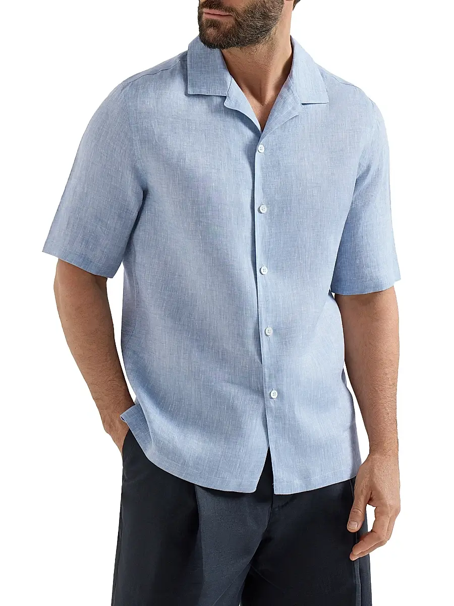 Brunello Cucinelli Men's Linen Easy Fit Short Sleeve Shirt with Camp Collar - Grey | Thumbnail 14 Brunello Cucinelli Men's Linen Easy Fit Short Sleeve Shirt with Camp Collar - Grey | Thumbnail 14