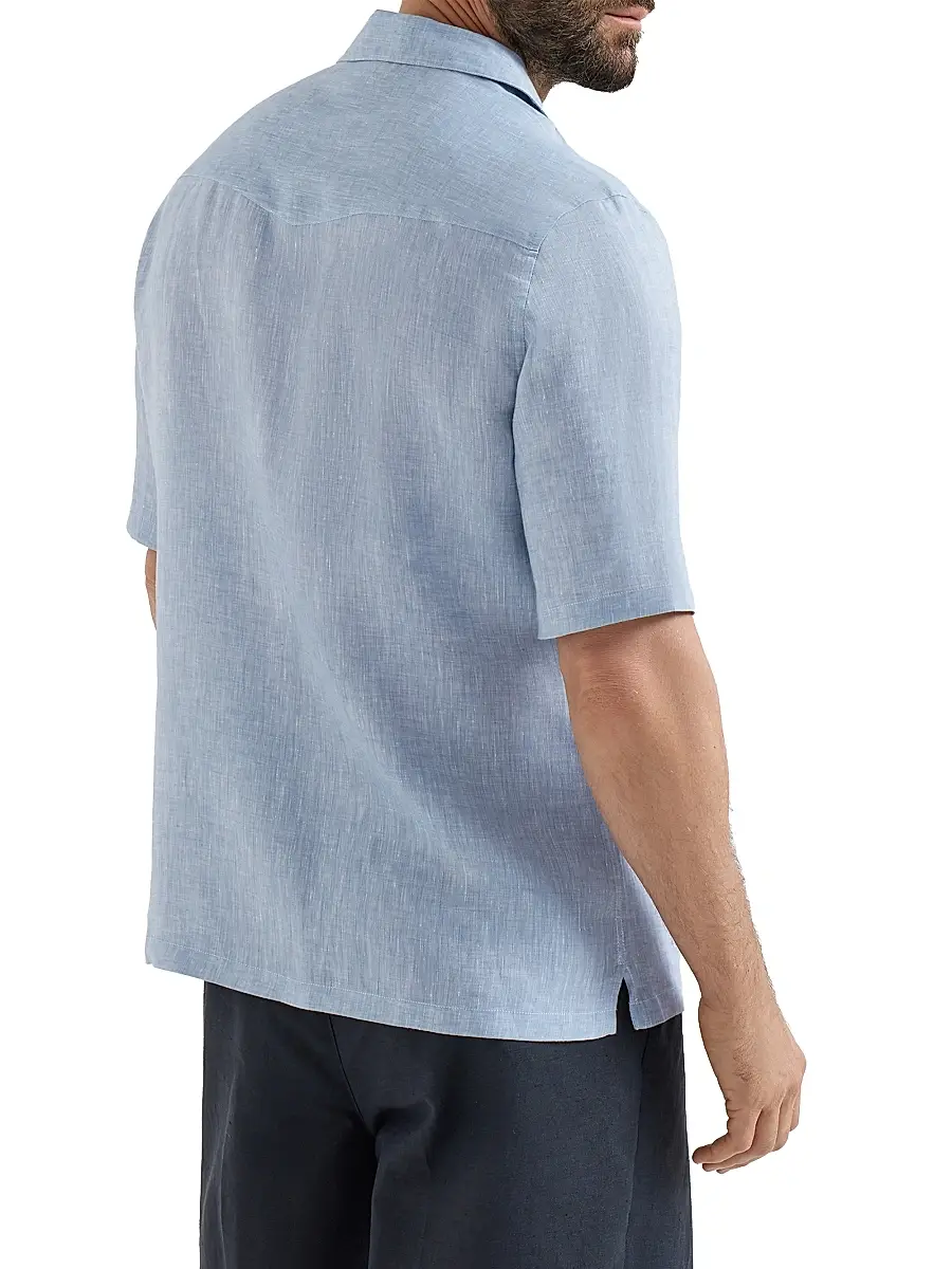 Brunello Cucinelli Men's Linen Easy Fit Short Sleeve Shirt with Camp Collar - Grey | Thumbnail 15 Brunello Cucinelli Men's Linen Easy Fit Short Sleeve Shirt with Camp Collar - Grey | Thumbnail 15