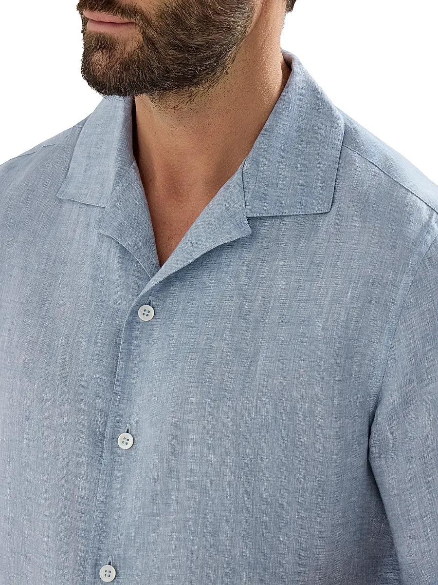 Brunello Cucinelli Men's Linen Easy Fit Short Sleeve Shirt with Camp Collar - Grey | Thumbnail 16 Brunello Cucinelli Men's Linen Easy Fit Short Sleeve Shirt with Camp Collar - Grey | Thumbnail 16