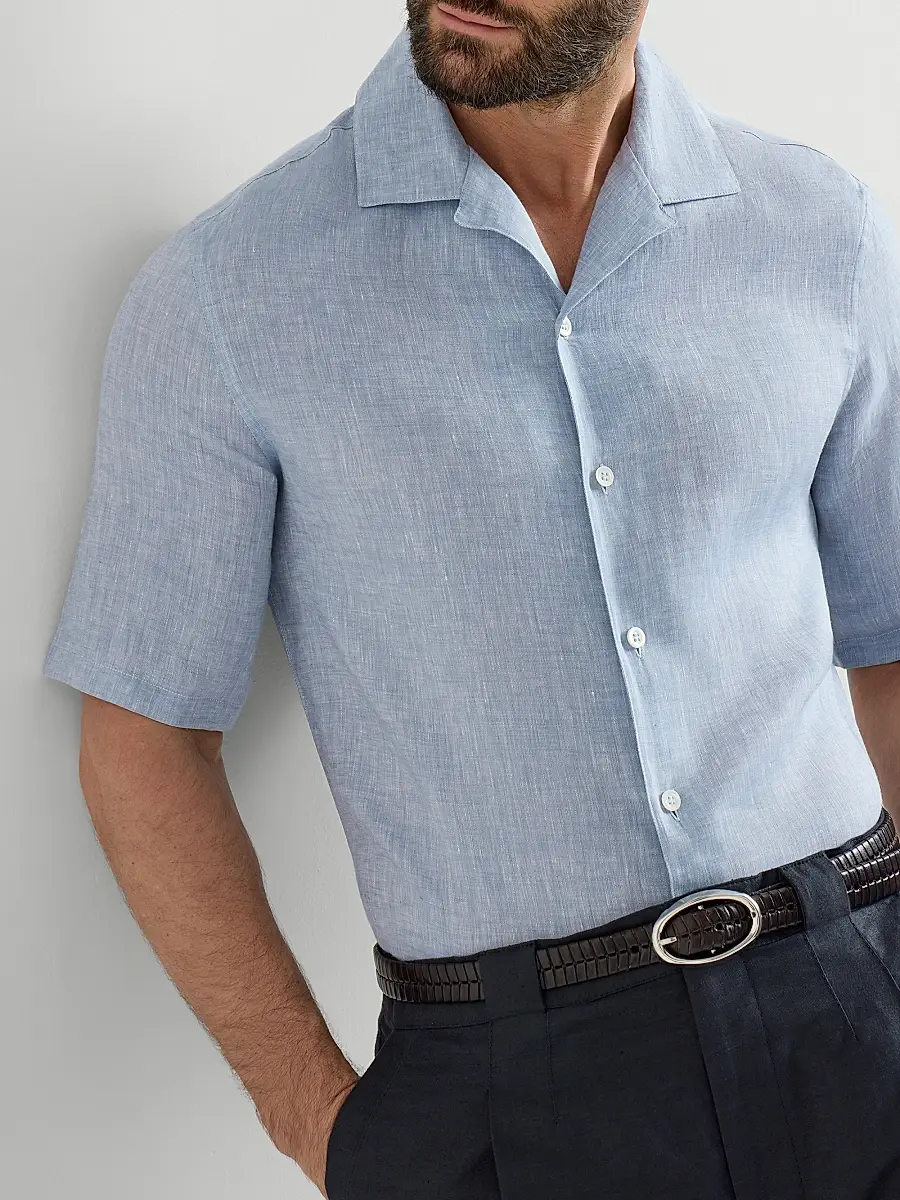 Brunello Cucinelli Men's Linen Easy Fit Short Sleeve Shirt with Camp Collar - Grey | Thumbnail 17 Brunello Cucinelli Men's Linen Easy Fit Short Sleeve Shirt with Camp Collar - Grey | Thumbnail 17