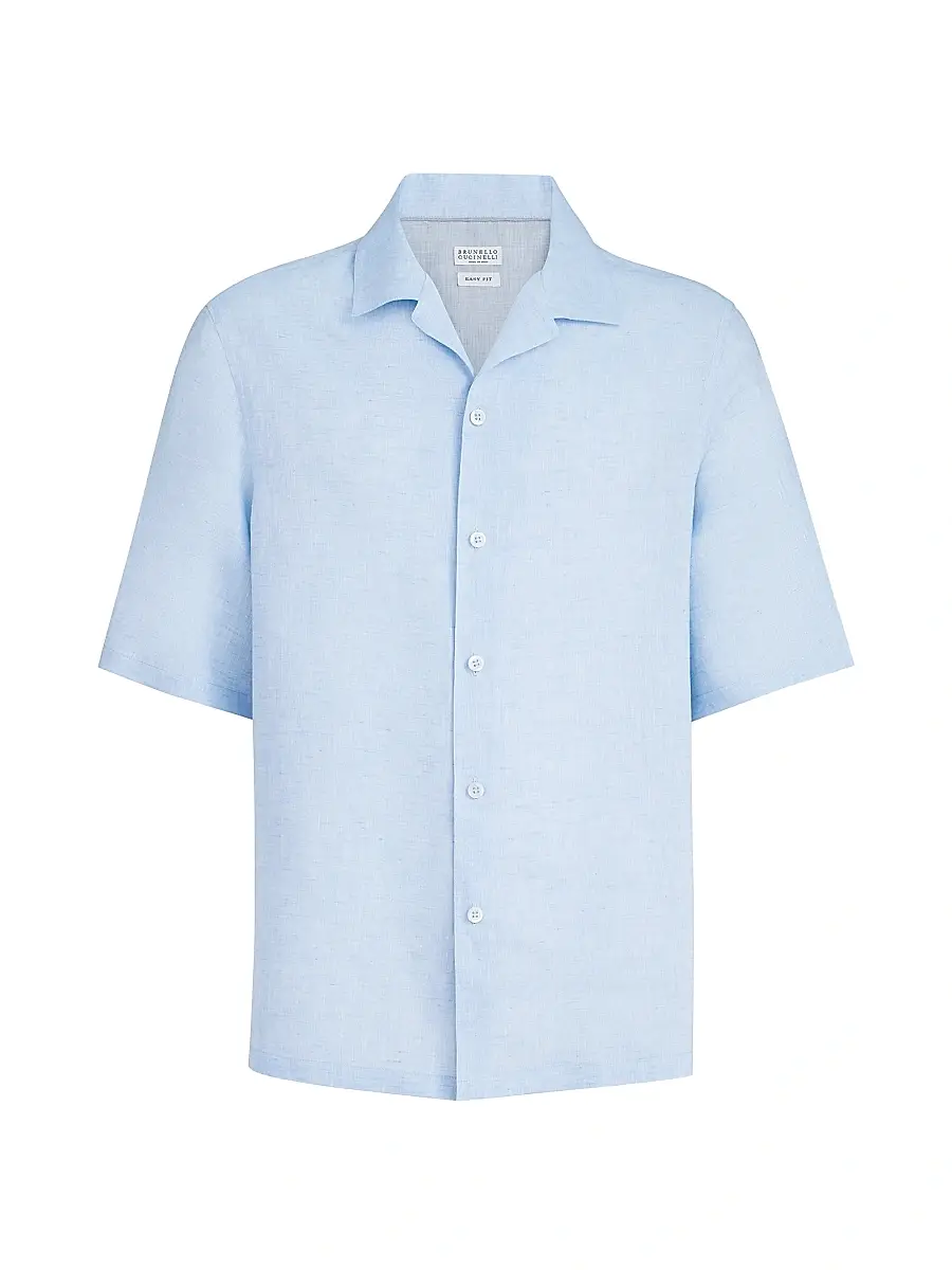 Brunello Cucinelli Men's Linen Easy Fit Short Sleeve Shirt with Camp Collar - Grey | Thumbnail 19 Brunello Cucinelli Men's Linen Easy Fit Short Sleeve Shirt with Camp Collar - Grey | Thumbnail 19
