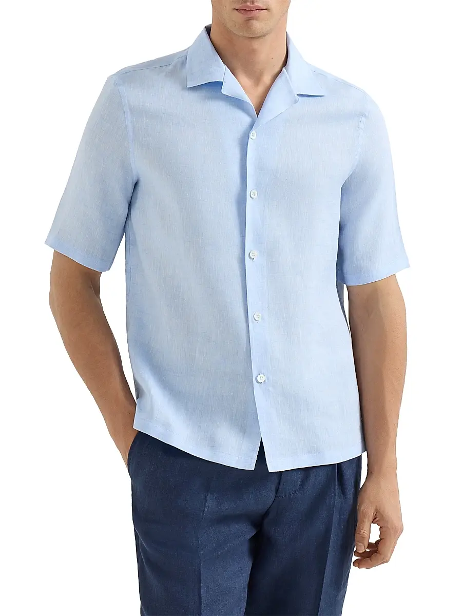 Brunello Cucinelli Men's Linen Easy Fit Short Sleeve Shirt with Camp Collar - Grey | Thumbnail 20 Brunello Cucinelli Men's Linen Easy Fit Short Sleeve Shirt with Camp Collar - Grey | Thumbnail 20