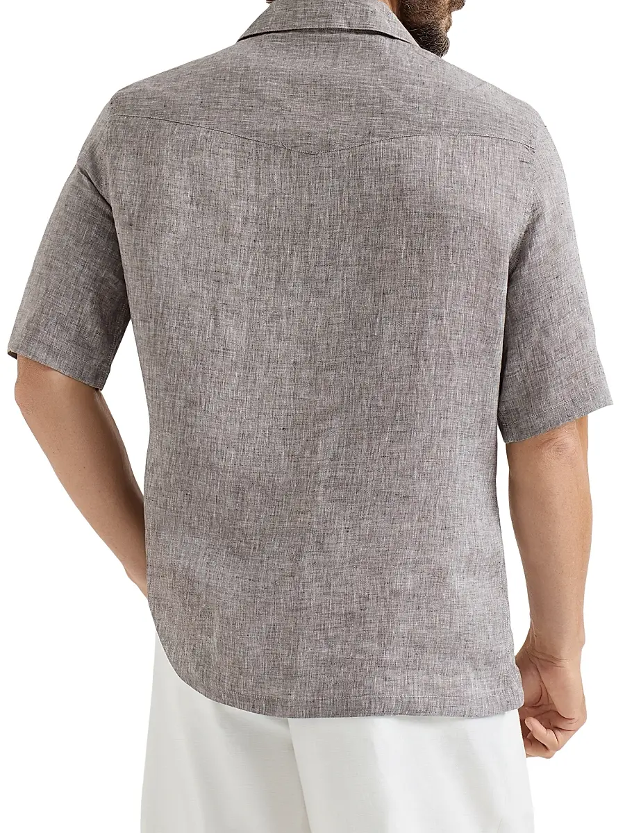 Brunello Cucinelli Men's Linen Easy Fit Short Sleeve Shirt with Camp Collar - Grey | Thumbnail 3 Brunello Cucinelli Men's Linen Easy Fit Short Sleeve Shirt with Camp Collar - Grey | Thumbnail 3