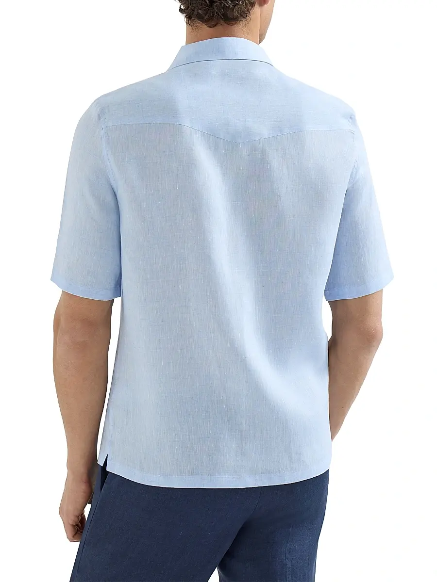 Brunello Cucinelli Men's Linen Easy Fit Short Sleeve Shirt with Camp Collar - Grey | Thumbnail 21 Brunello Cucinelli Men's Linen Easy Fit Short Sleeve Shirt with Camp Collar - Grey | Thumbnail 21