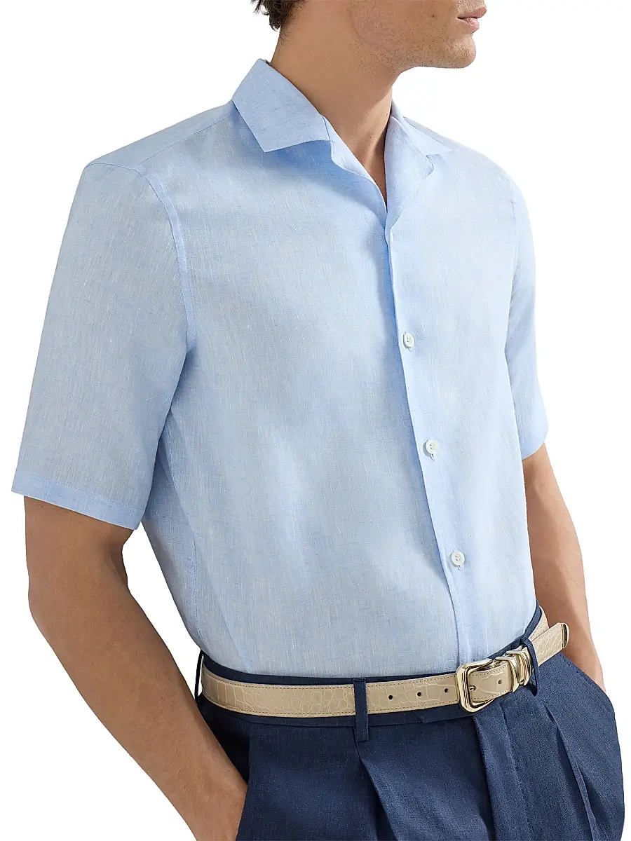 Brunello Cucinelli Men's Linen Easy Fit Short Sleeve Shirt with Camp Collar - Grey | Thumbnail 22 Brunello Cucinelli Men's Linen Easy Fit Short Sleeve Shirt with Camp Collar - Grey | Thumbnail 22