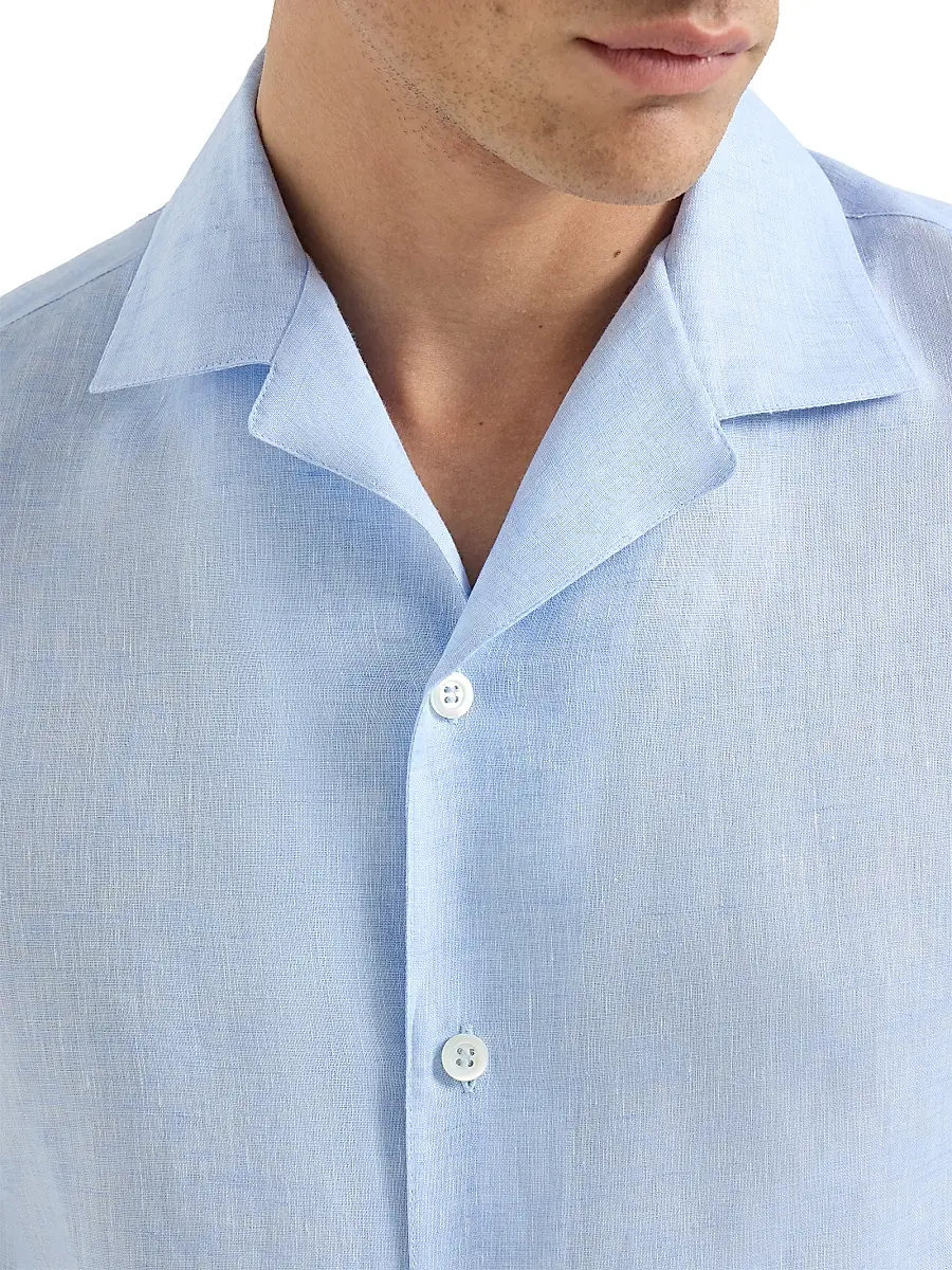 Brunello Cucinelli Men's Linen Easy Fit Short Sleeve Shirt with Camp Collar - Grey | Thumbnail 23 Brunello Cucinelli Men's Linen Easy Fit Short Sleeve Shirt with Camp Collar - Grey | Thumbnail 23