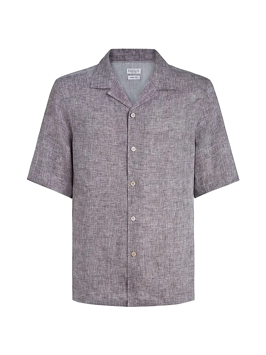 Brunello Cucinelli Men's Linen Easy Fit Short Sleeve Shirt with Camp Collar - Grey | Thumbnail 25 Brunello Cucinelli Men's Linen Easy Fit Short Sleeve Shirt with Camp Collar - Grey | Thumbnail 25