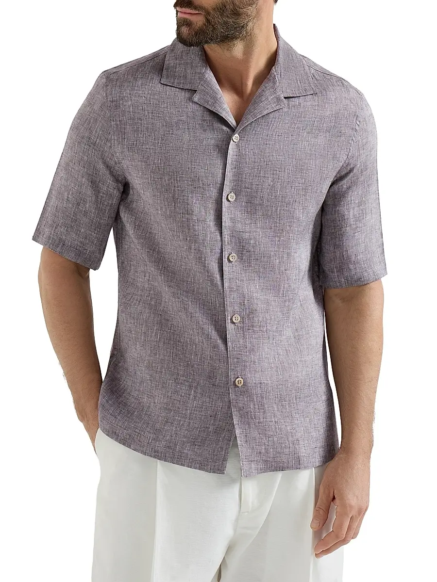 Brunello Cucinelli Men's Linen Easy Fit Short Sleeve Shirt with Camp Collar - Grey | Thumbnail 26 Brunello Cucinelli Men's Linen Easy Fit Short Sleeve Shirt with Camp Collar - Grey | Thumbnail 26