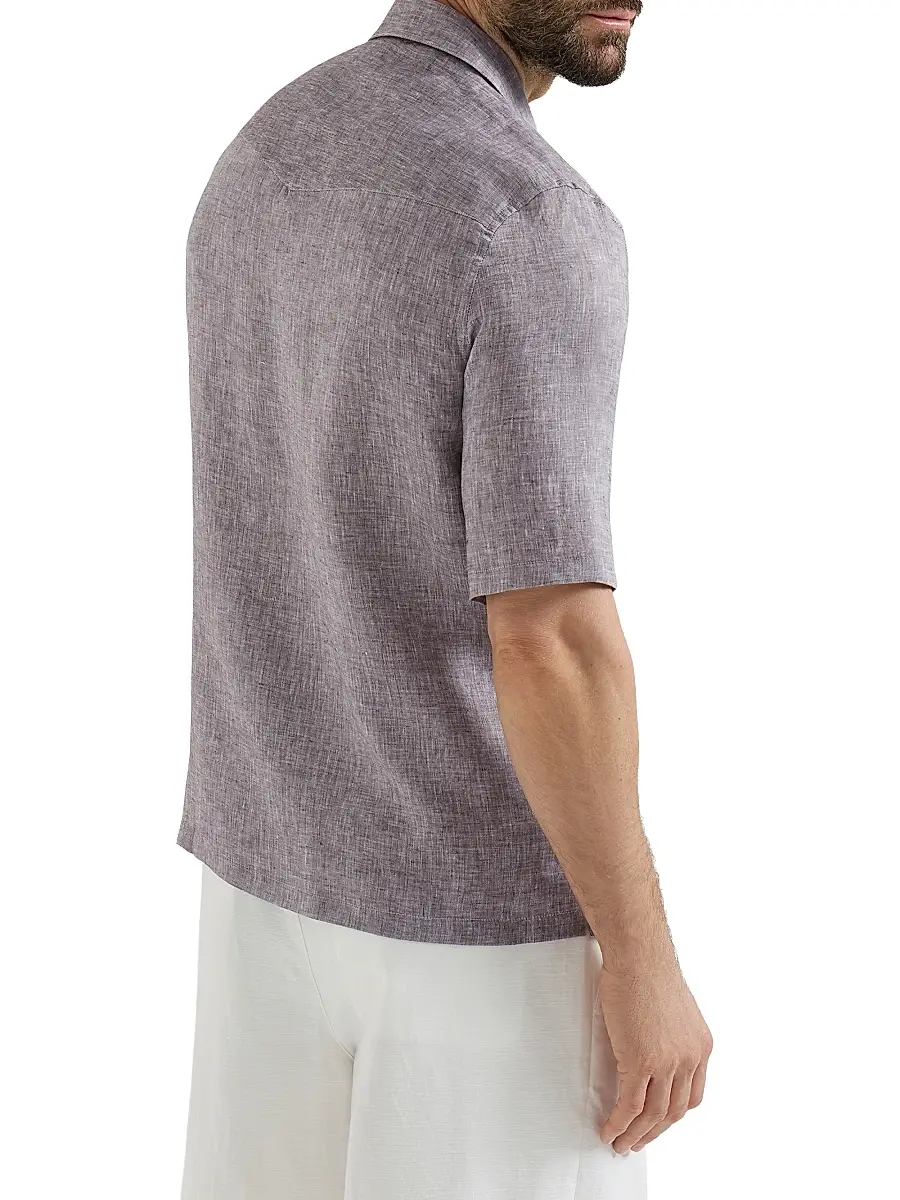 Brunello Cucinelli Men's Linen Easy Fit Short Sleeve Shirt with Camp Collar - Grey | Thumbnail 27 Brunello Cucinelli Men's Linen Easy Fit Short Sleeve Shirt with Camp Collar - Grey | Thumbnail 27
