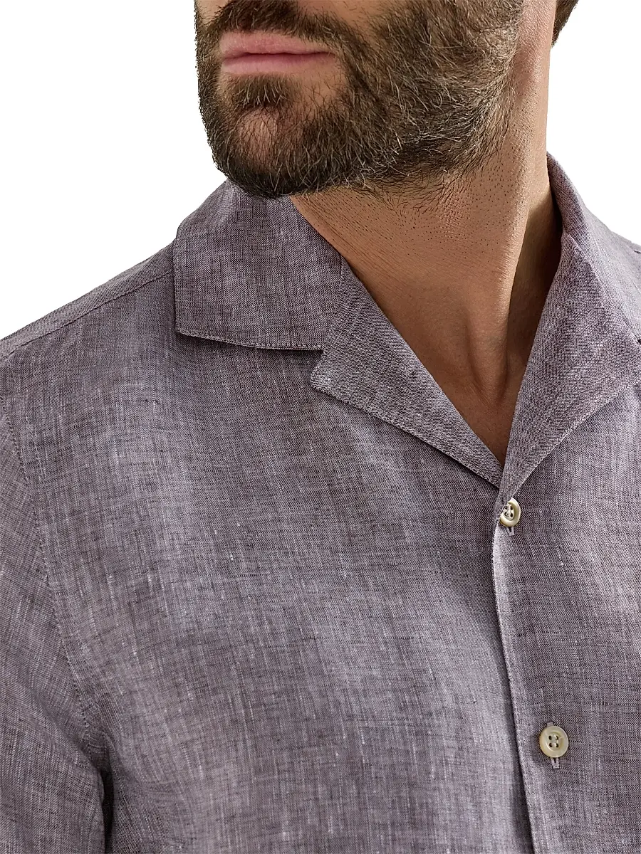 Brunello Cucinelli Men's Linen Easy Fit Short Sleeve Shirt with Camp Collar - Grey | Thumbnail 28 Brunello Cucinelli Men's Linen Easy Fit Short Sleeve Shirt with Camp Collar - Grey | Thumbnail 28