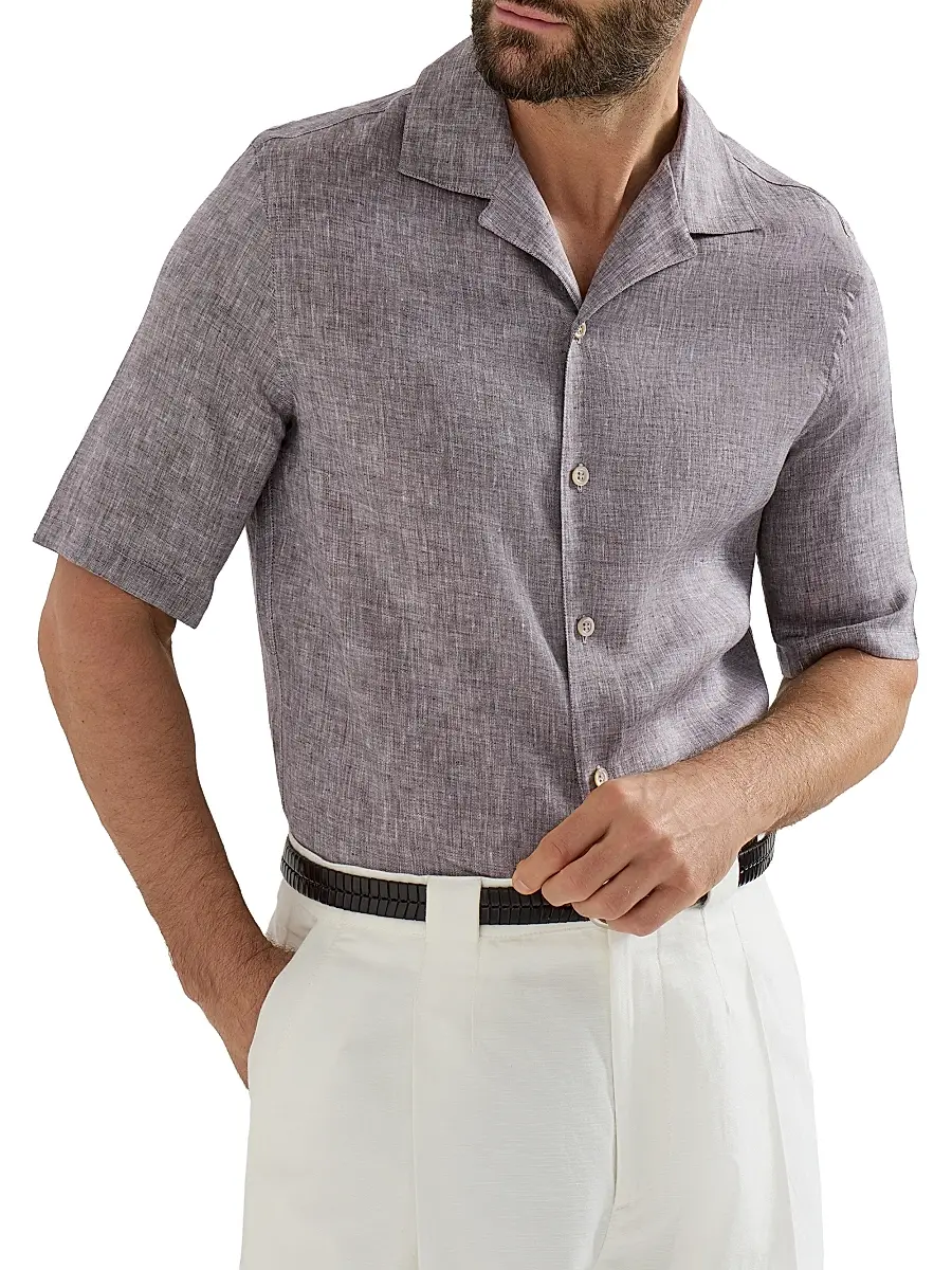 Brunello Cucinelli Men's Linen Easy Fit Short Sleeve Shirt with Camp Collar - Grey | Thumbnail 29 Brunello Cucinelli Men's Linen Easy Fit Short Sleeve Shirt with Camp Collar - Grey | Thumbnail 29