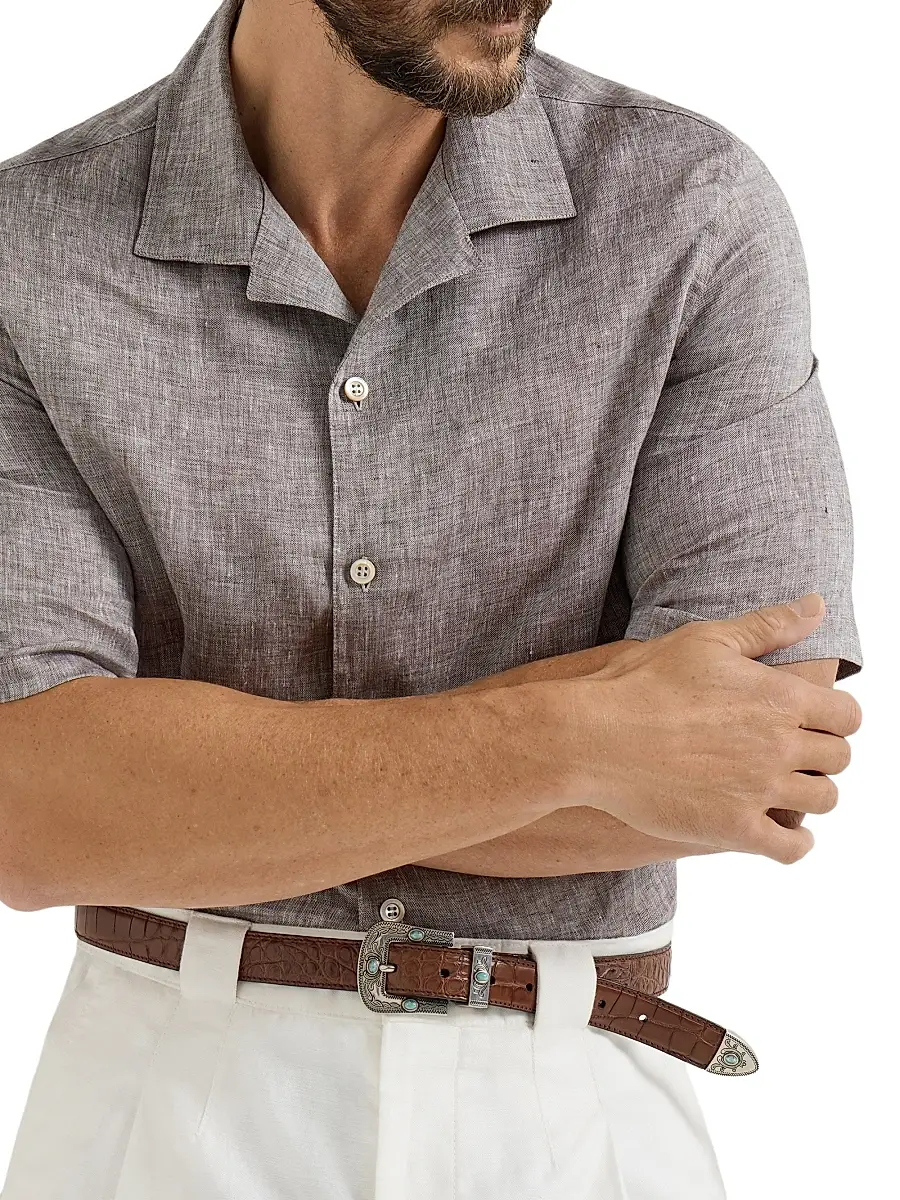 Brunello Cucinelli Men's Linen Easy Fit Short Sleeve Shirt with Camp Collar - Grey | Thumbnail 4 Brunello Cucinelli Men's Linen Easy Fit Short Sleeve Shirt with Camp Collar - Grey | Thumbnail 4