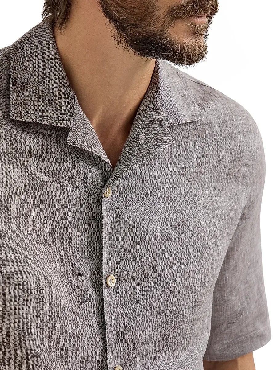 Brunello Cucinelli Men's Linen Easy Fit Short Sleeve Shirt with Camp Collar - Grey | Thumbnail 5 Brunello Cucinelli Men's Linen Easy Fit Short Sleeve Shirt with Camp Collar - Grey | Thumbnail 5