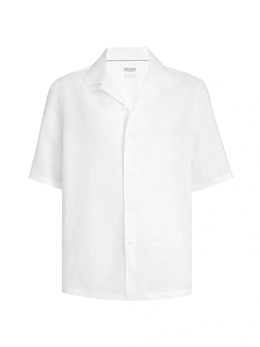 Brunello Cucinelli Men's Linen Easy Fit Short Sleeve Shirt with Camp Collar - Grey | Thumbnail 7 Brunello Cucinelli Men's Linen Easy Fit Short Sleeve Shirt with Camp Collar - Grey | Thumbnail 7