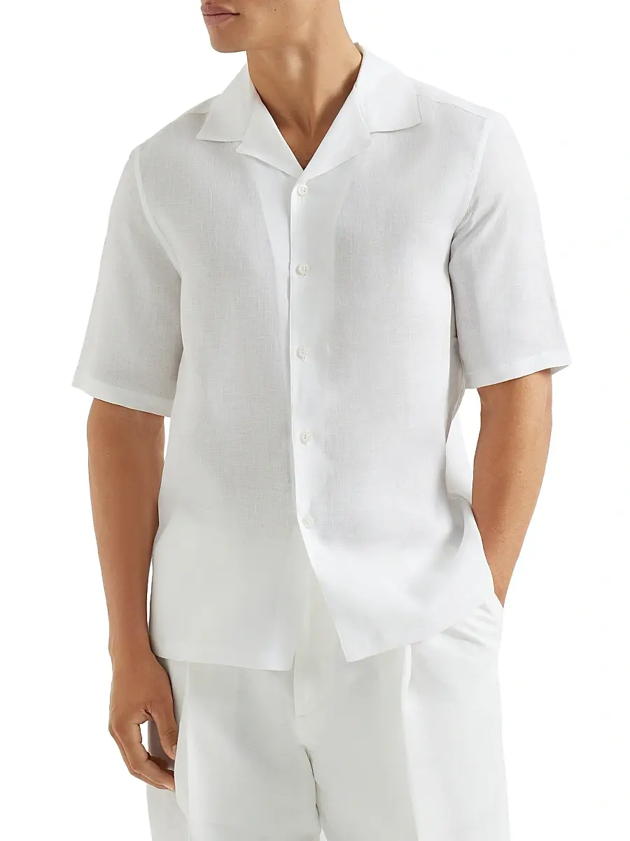 Brunello Cucinelli Men's Linen Easy Fit Short Sleeve Shirt with Camp Collar - Grey | Thumbnail 8 Brunello Cucinelli Men's Linen Easy Fit Short Sleeve Shirt with Camp Collar - Grey | Thumbnail 8