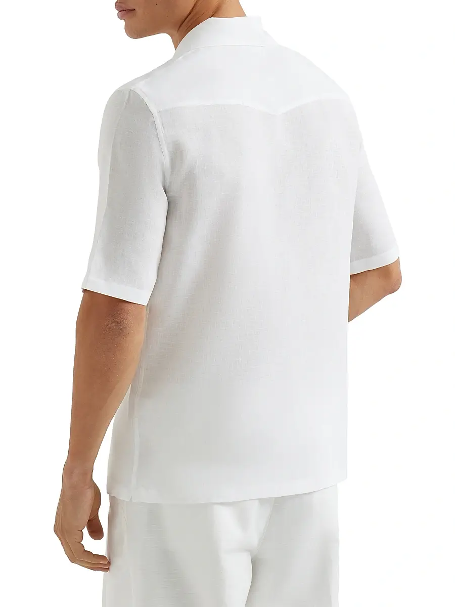 Brunello Cucinelli Men's Linen Easy Fit Short Sleeve Shirt with Camp Collar - Grey | Thumbnail 9 Brunello Cucinelli Men's Linen Easy Fit Short Sleeve Shirt with Camp Collar - Grey | Thumbnail 9