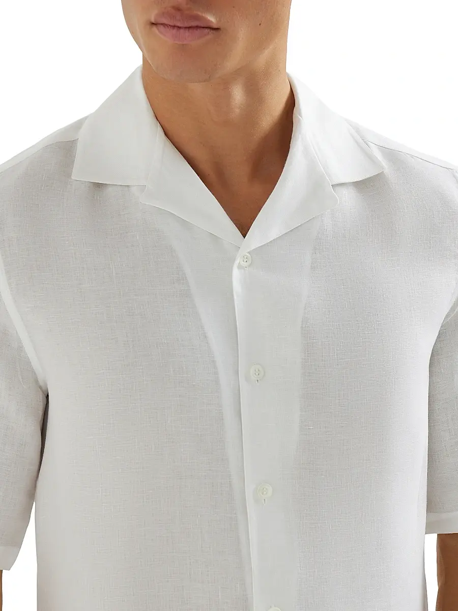 Brunello Cucinelli Men's Linen Easy Fit Short Sleeve Shirt with Camp Collar - Grey | Thumbnail 10 Brunello Cucinelli Men's Linen Easy Fit Short Sleeve Shirt with Camp Collar - Grey | Thumbnail 10