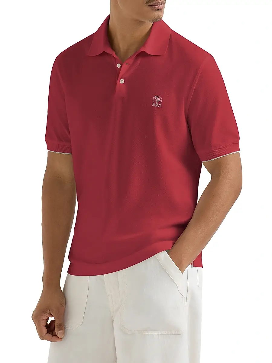 Brunello Cucinelli Men's Cotton Piqué Polo Shirt with Logo | Thumbnail 2 Brunello Cucinelli Men's Cotton Piqué Polo Shirt with Logo | Thumbnail 2