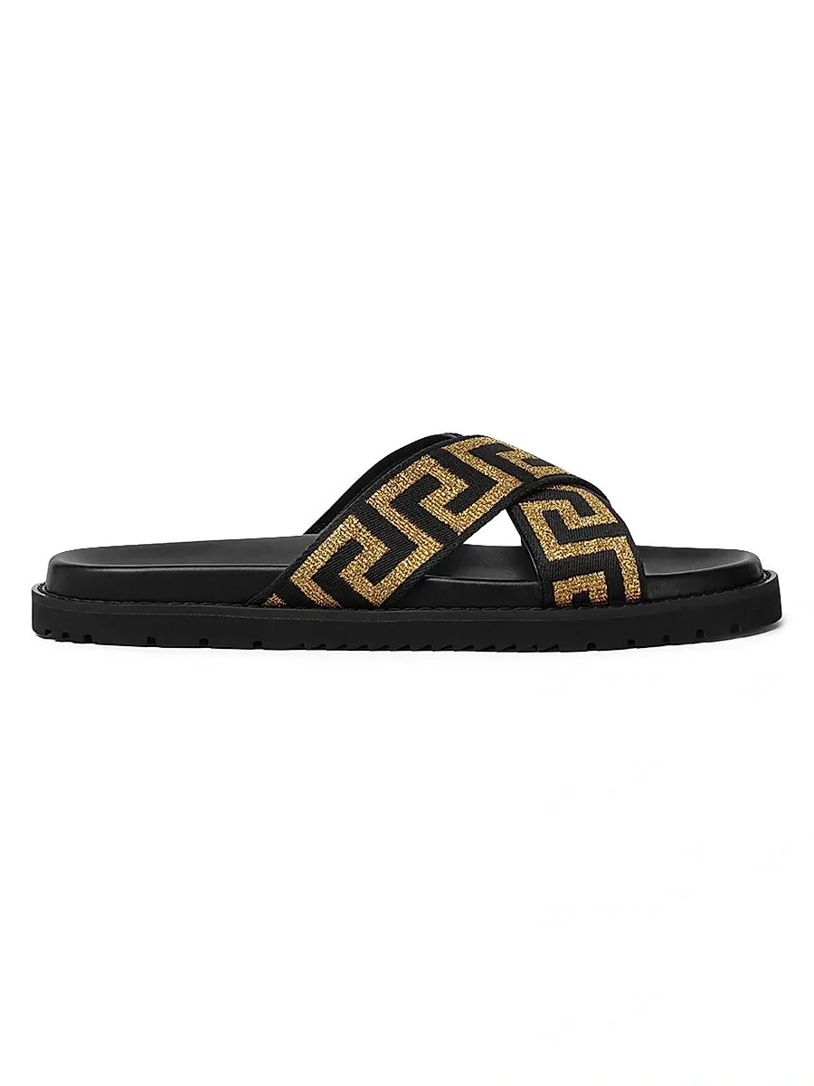 Versace Men's La Greca Jacquard Slide Sandals - Black Gold | Image 1 Versace Men's La Greca Jacquard Slide Sandals - Black Gold | Image 1