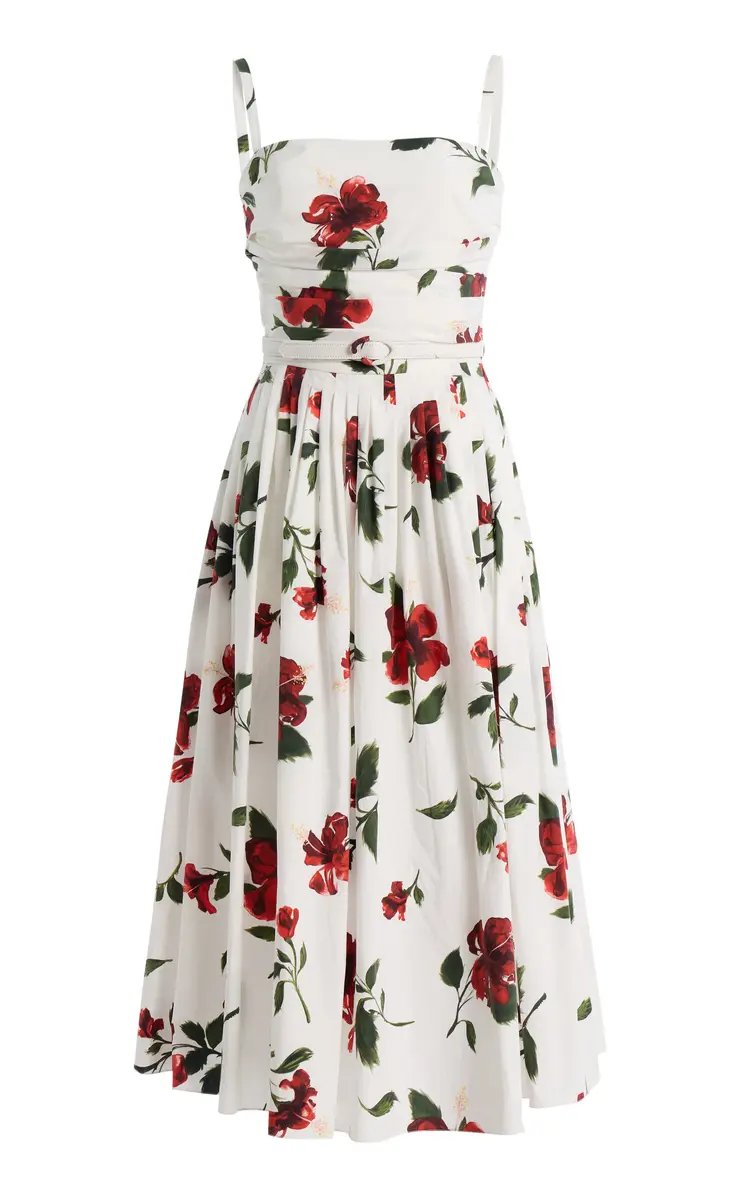 Oscar de la Renta Hibiscus Stretch Cotton-Poplin Midi Dress