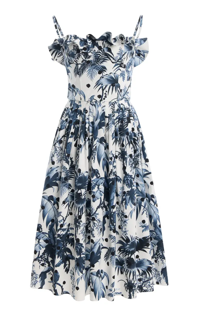 Oscar de la Renta Dotted-Palms-Printed Stretch Cotton-Poplin Midi Dress