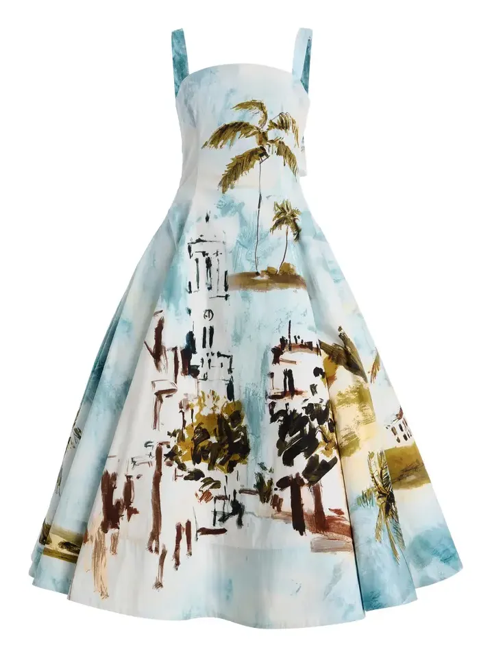 Printed Stretch Cotton-Poplin Midi Dress