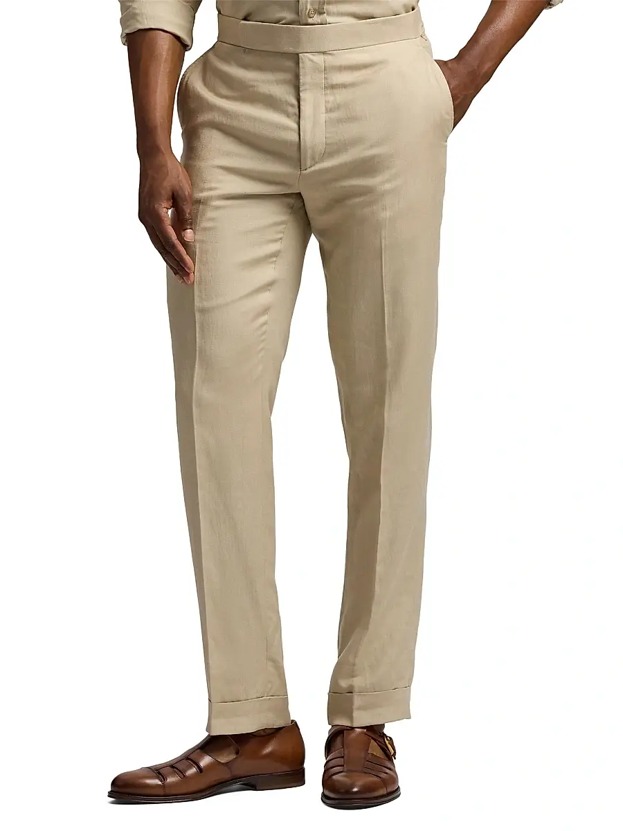 Ralph Lauren Purple Label Men's Gregory Hand-Tailored Silk-Linen Trousers - Champagne | Thumbnail 3 Ralph Lauren Purple Label Men's Gregory Hand-Tailored Silk-Linen Trousers - Champagne | Thumbnail 3