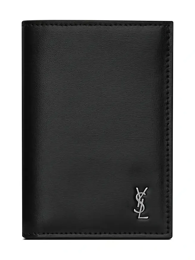 Saint Laurent Men's Tiny Cassandre Credit Card Wallet in Matte Leather - Black