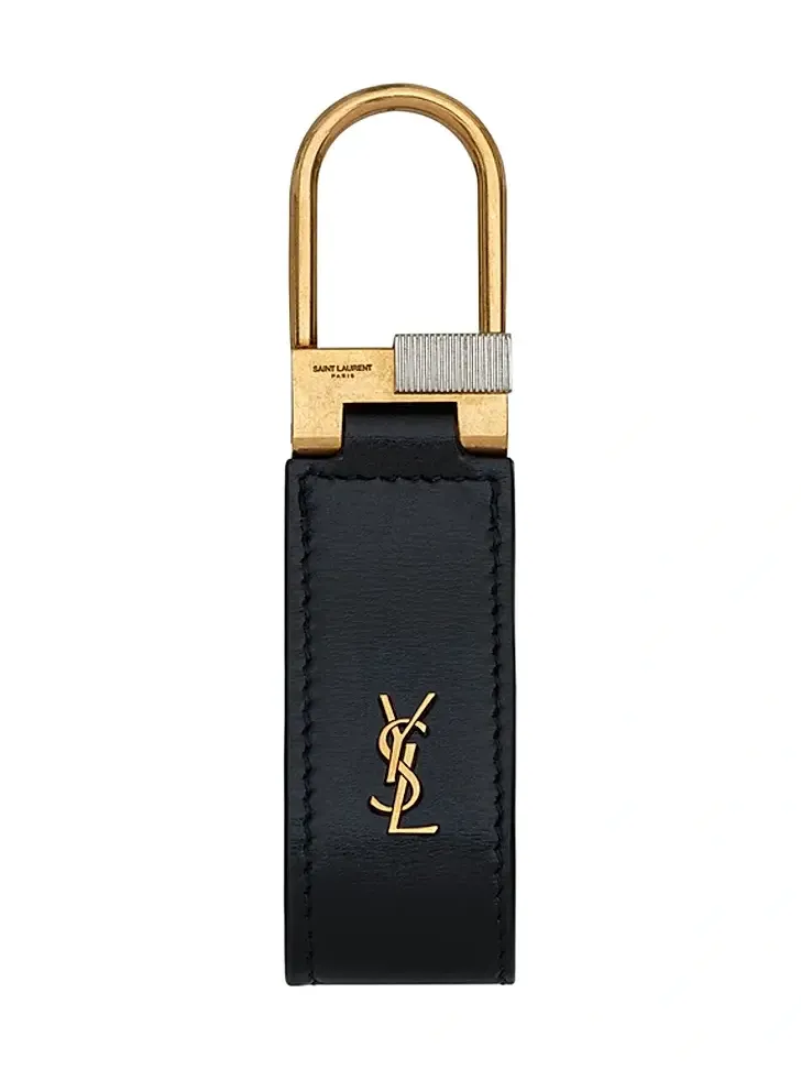 Saint Laurent Men's Tiny Cassandre Keyring in Smooth Leather - Black