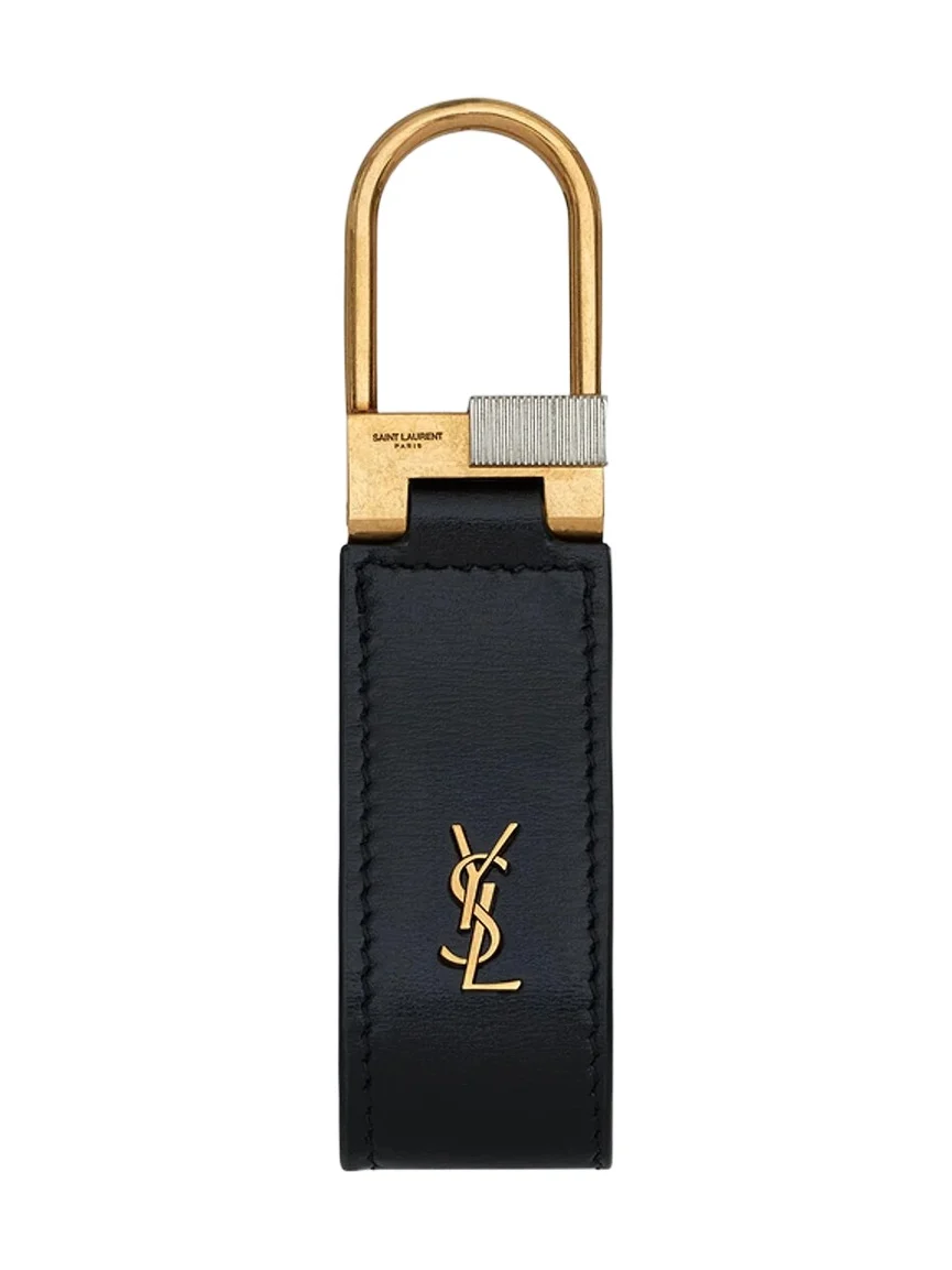 Saint Laurent Men's Tiny Cassandre Keyring in Smooth Leather - Black