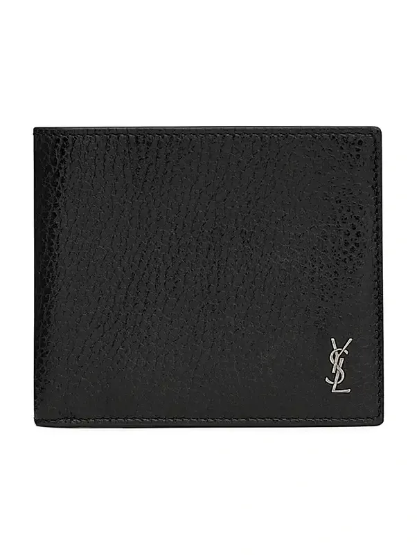 Saint Laurent Men's Tiny Cassandre East-West Wallet in Grained Leather - Black