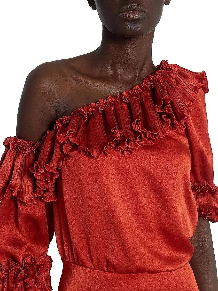 Saint Laurent Women's Ruffled Dress in Silk Satin - Orange Sanguine | Thumbnail 6 Saint Laurent Women's Ruffled Dress in Silk Satin - Orange Sanguine | Thumbnail 6