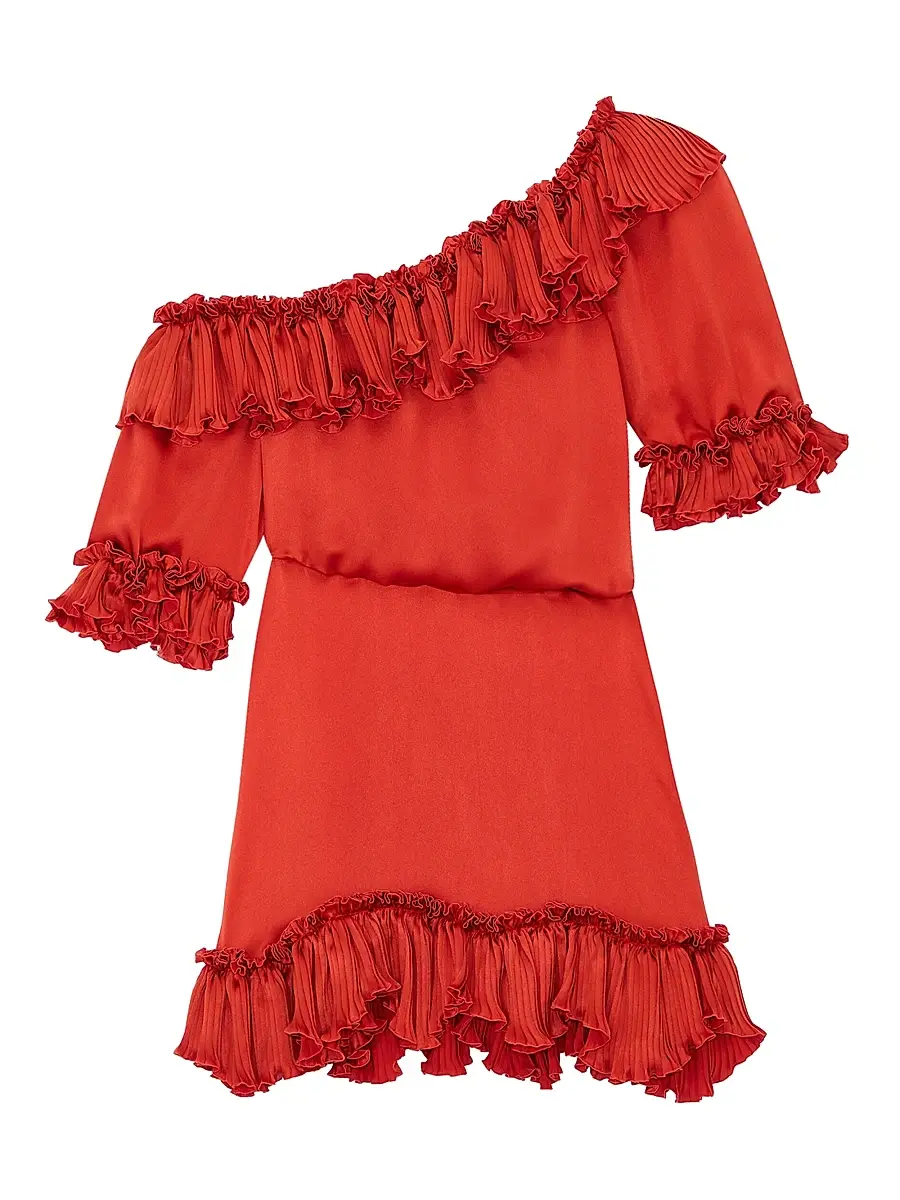 Saint Laurent Women's Ruffled Dress in Silk Satin - Orange Sanguine | Image 1 Saint Laurent Women's Ruffled Dress in Silk Satin - Orange Sanguine | Image 1