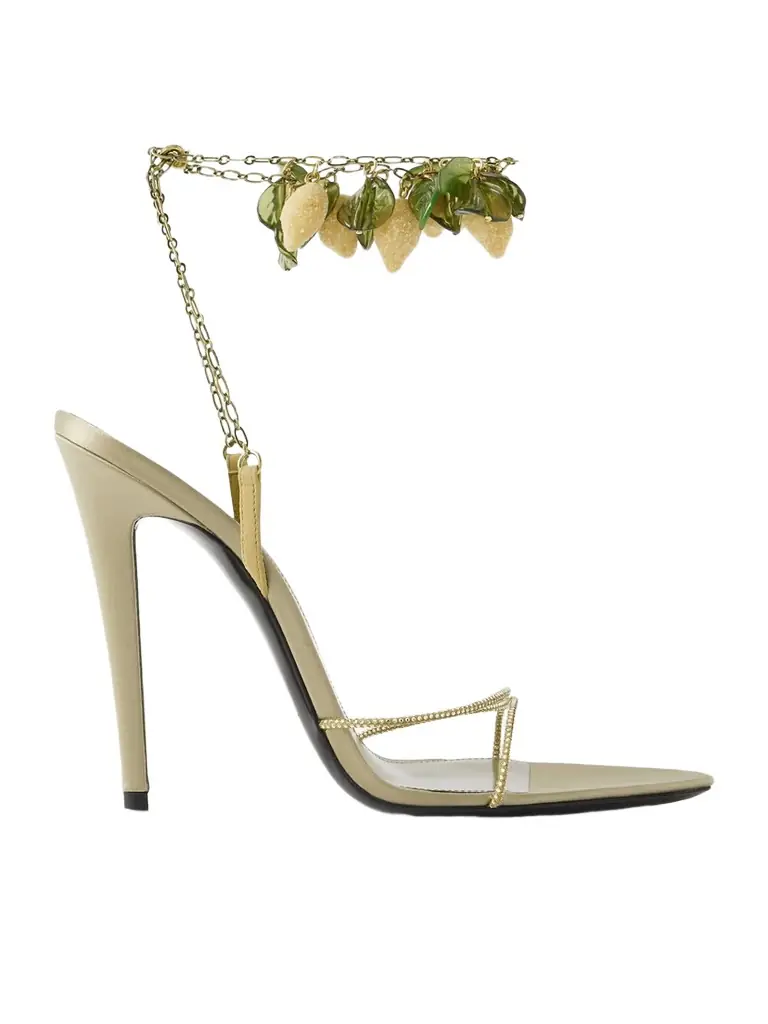 Saint Laurent Mon Chéri Embellished Suede-trimmed Satin Sandals | Image 1 Saint Laurent Mon Chéri Embellished Suede-trimmed Satin Sandals | Image 1
