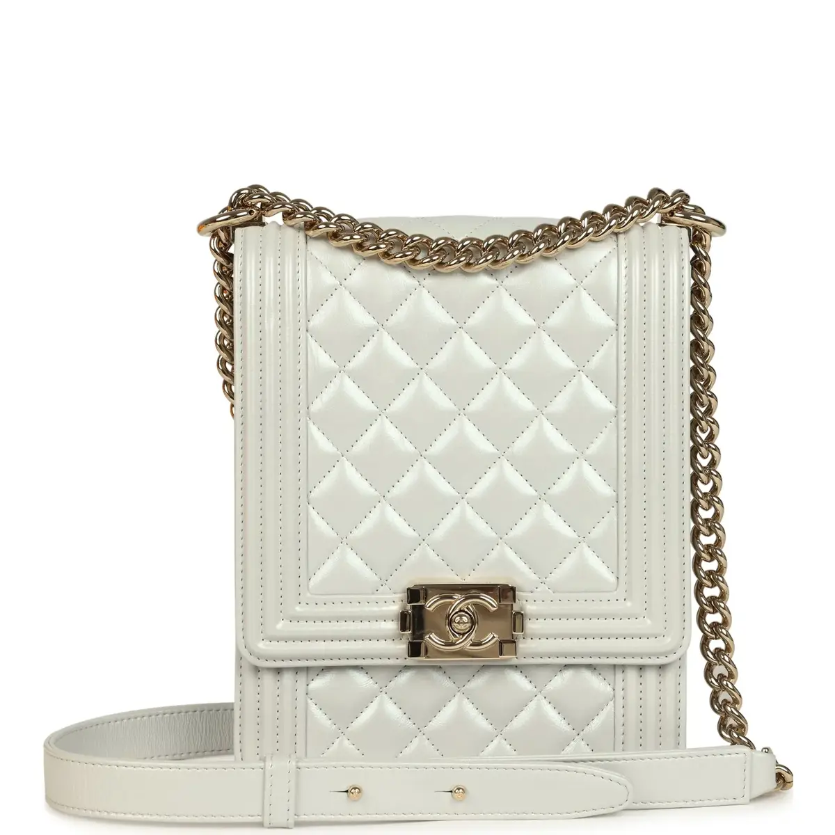 Chanel Pre-owned Chanel North South Boy Bag Light Grey Iridescent Calfskin Light Gold Hardware | Image 1 Chanel Pre-owned Chanel North South Boy Bag Light Grey Iridescent Calfskin Light Gold Hardware | Image 1