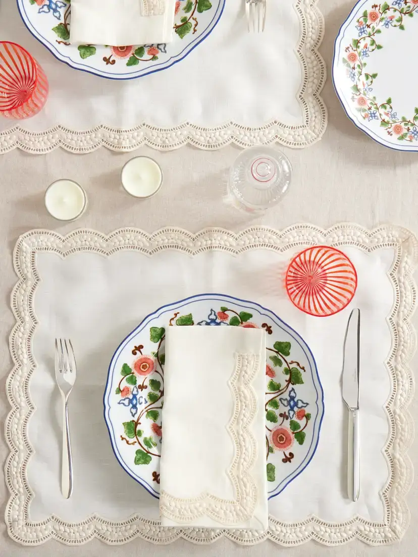 Cabana Emilia Set Of Two Scalloped Embroidered Linen Placemats And Napkins - Neutrals | Thumbnail 2 Cabana Emilia Set Of Two Scalloped Embroidered Linen Placemats And Napkins - Neutrals | Thumbnail 2