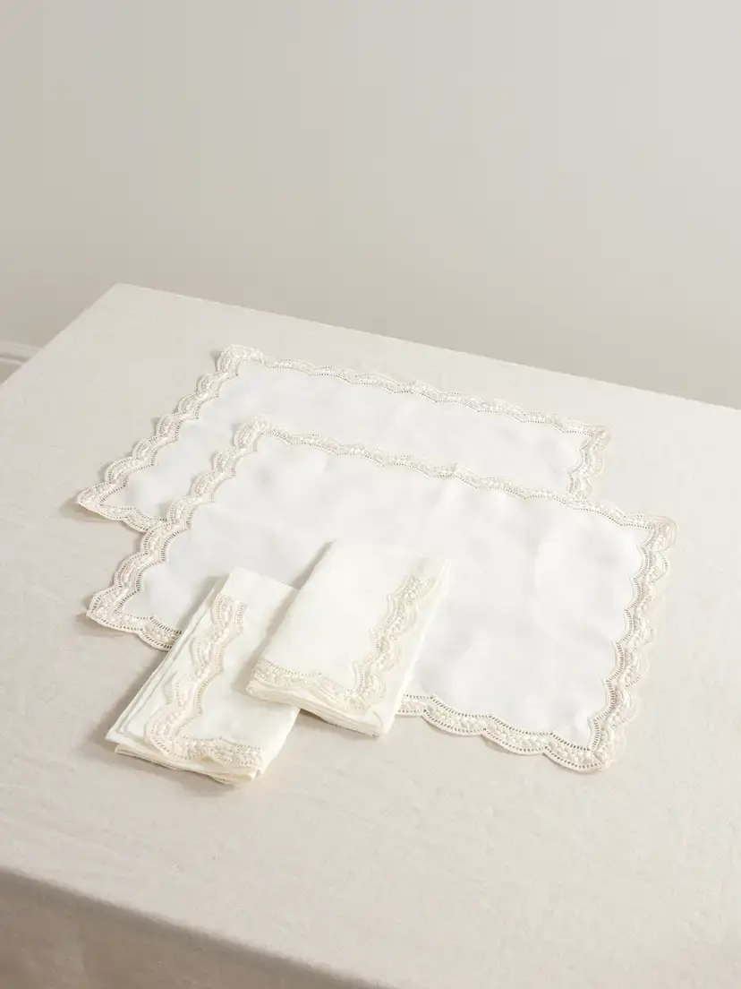 Cabana Emilia Set Of Two Scalloped Embroidered Linen Placemats And Napkins - Neutrals
