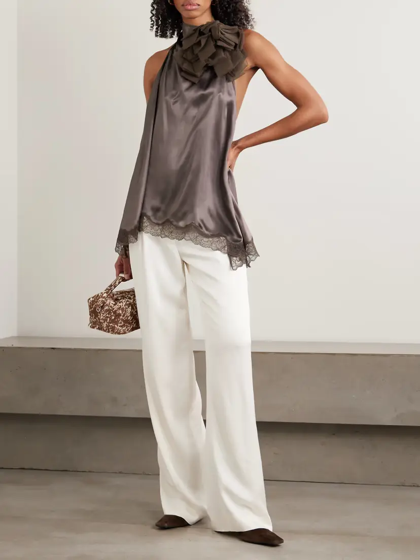 Magda Butrym Appliquéd Scalloped Lace And Chiffon-trimmed Silk-satin Halterneck Blouse | Thumbnail 2 Magda Butrym Appliquéd Scalloped Lace And Chiffon-trimmed Silk-satin Halterneck Blouse | Thumbnail 2