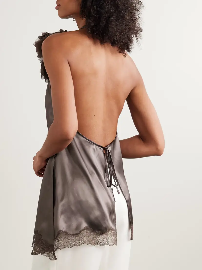 Magda Butrym Appliquéd Scalloped Lace And Chiffon-trimmed Silk-satin Halterneck Blouse | Thumbnail 3 Magda Butrym Appliquéd Scalloped Lace And Chiffon-trimmed Silk-satin Halterneck Blouse | Thumbnail 3