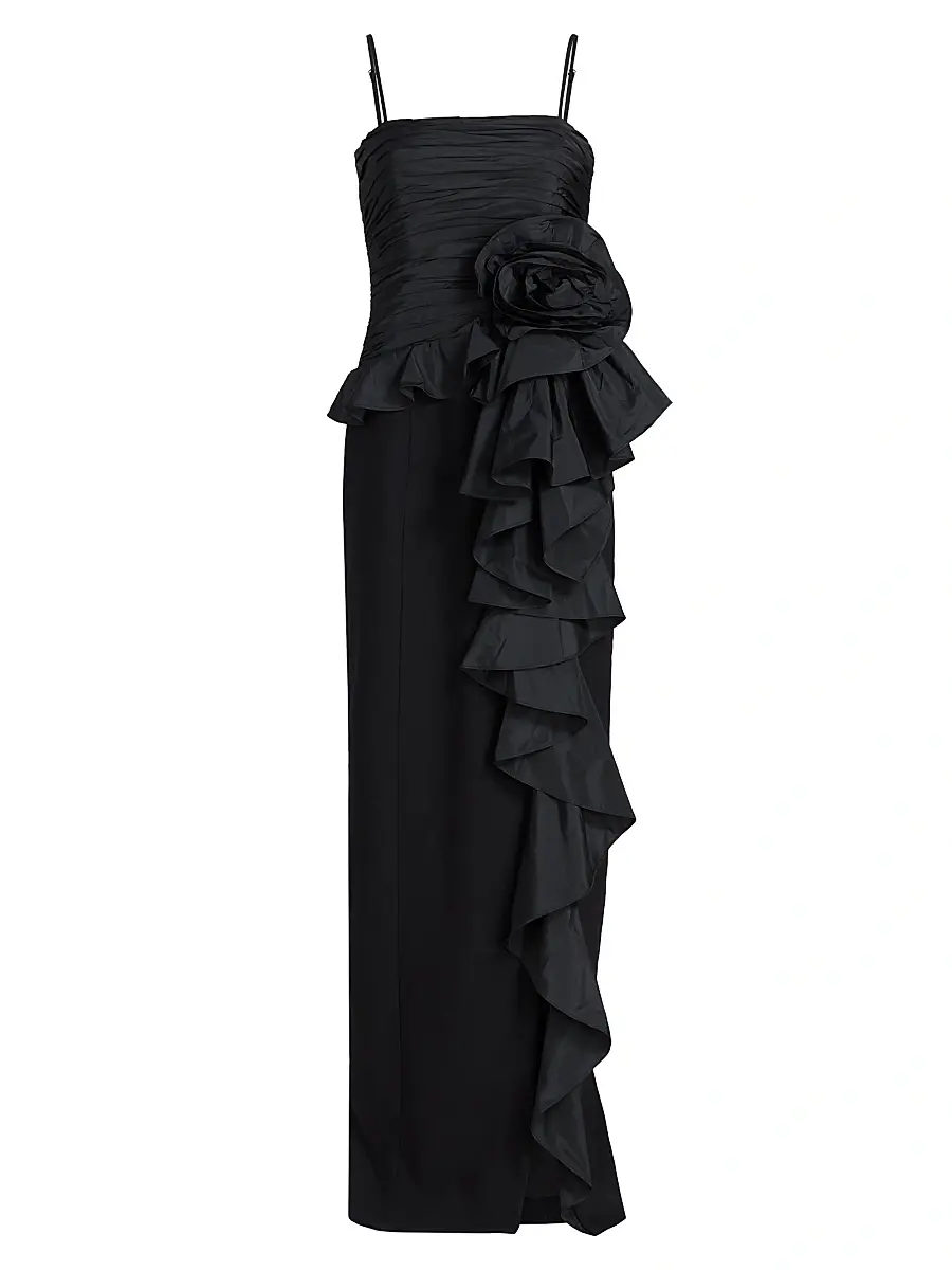 Cinq à Sept Women's Liora Ruched Floral-Embellished Gown - Black | Image 1 Cinq à Sept Women's Liora Ruched Floral-Embellished Gown - Black | Image 1