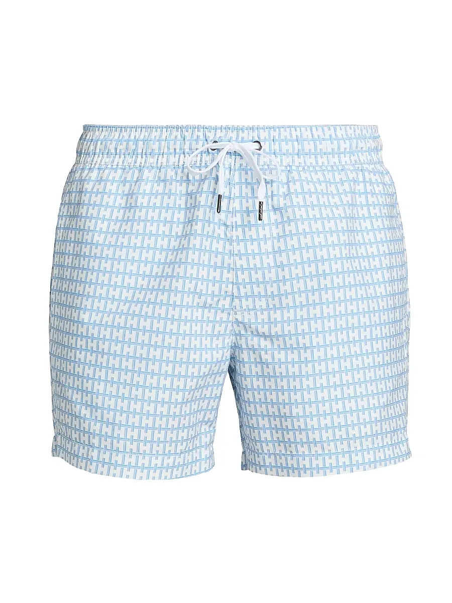 Saks Fifth Avenue Men's Geometric Drawstring Swim Shorts - Pool Blue Multi | Image 1 Saks Fifth Avenue Men's Geometric Drawstring Swim Shorts - Pool Blue Multi | Image 1