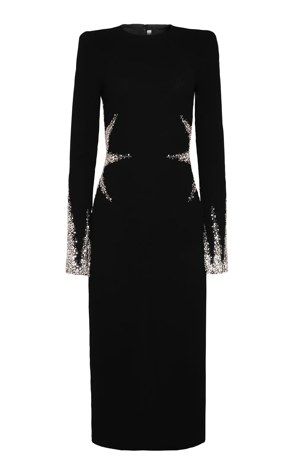 Crystal Embellished Crepe Long Sleeve Midi Dress