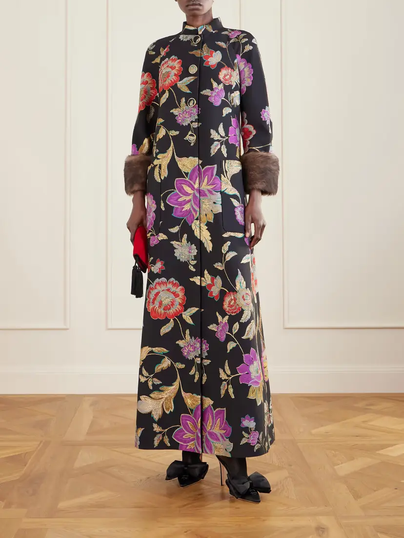 Valentino Garavani Shearling-trimmed Wool-blend Floral-brocade Coat | Thumbnail 2 Valentino Garavani Shearling-trimmed Wool-blend Floral-brocade Coat | Thumbnail 2