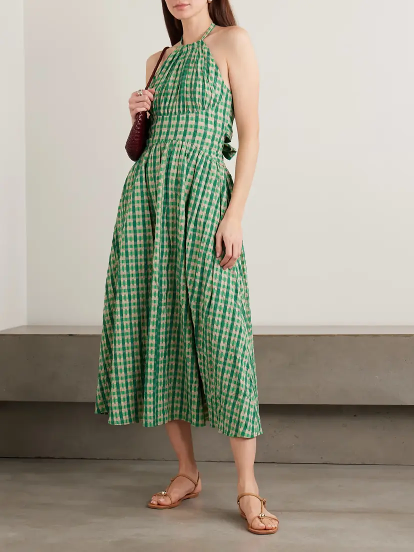Rosie Assoulin Halter In The Name Of Love Gathered Checked Seersucker Halterneck Midi Dress | Thumbnail 2 Rosie Assoulin Halter In The Name Of Love Gathered Checked Seersucker Halterneck Midi Dress | Thumbnail 2