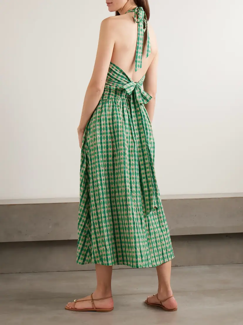 Rosie Assoulin Halter In The Name Of Love Gathered Checked Seersucker Halterneck Midi Dress | Thumbnail 3 Rosie Assoulin Halter In The Name Of Love Gathered Checked Seersucker Halterneck Midi Dress | Thumbnail 3