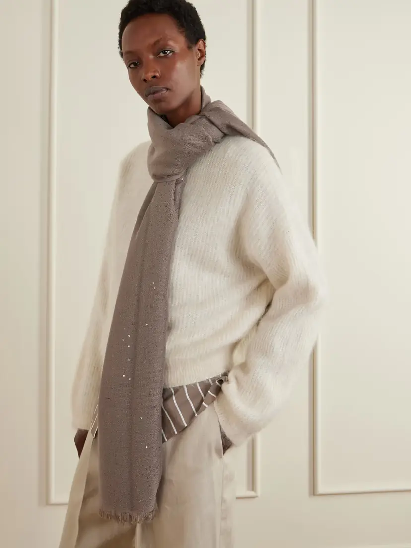 Brunello Cucinelli Sequined Cashmere And Silk-blend Scarf | Thumbnail 2 Brunello Cucinelli Sequined Cashmere And Silk-blend Scarf | Thumbnail 2