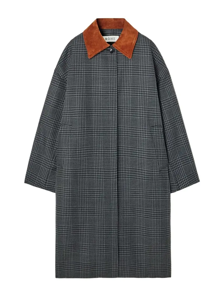 Suede-trimmed Checked Wool Coat
