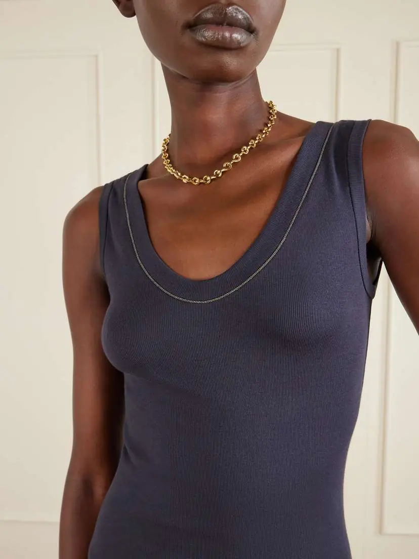 Brunello Cucinelli Bead-embellished Ribbed Cotton-blend Jersey Tank | Thumbnail 5 Brunello Cucinelli Bead-embellished Ribbed Cotton-blend Jersey Tank | Thumbnail 5