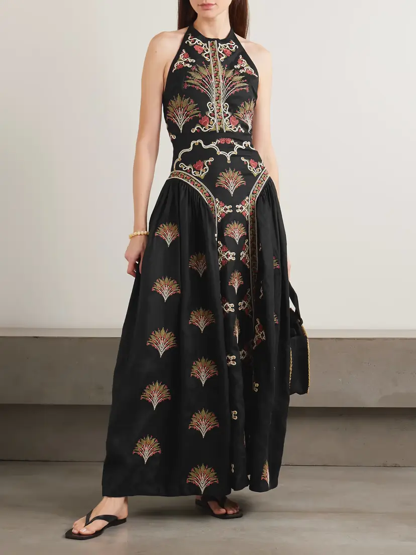 Agua by Agua Bendita Balsa Pleated Embroidered Linen Halterneck Midi Dress | Thumbnail 2 Agua by Agua Bendita Balsa Pleated Embroidered Linen Halterneck Midi Dress | Thumbnail 2